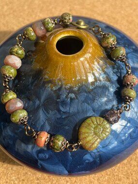 Unakite Boho Beaded Bracelet | Ammonite Fossil | Czech Glass Rondelles